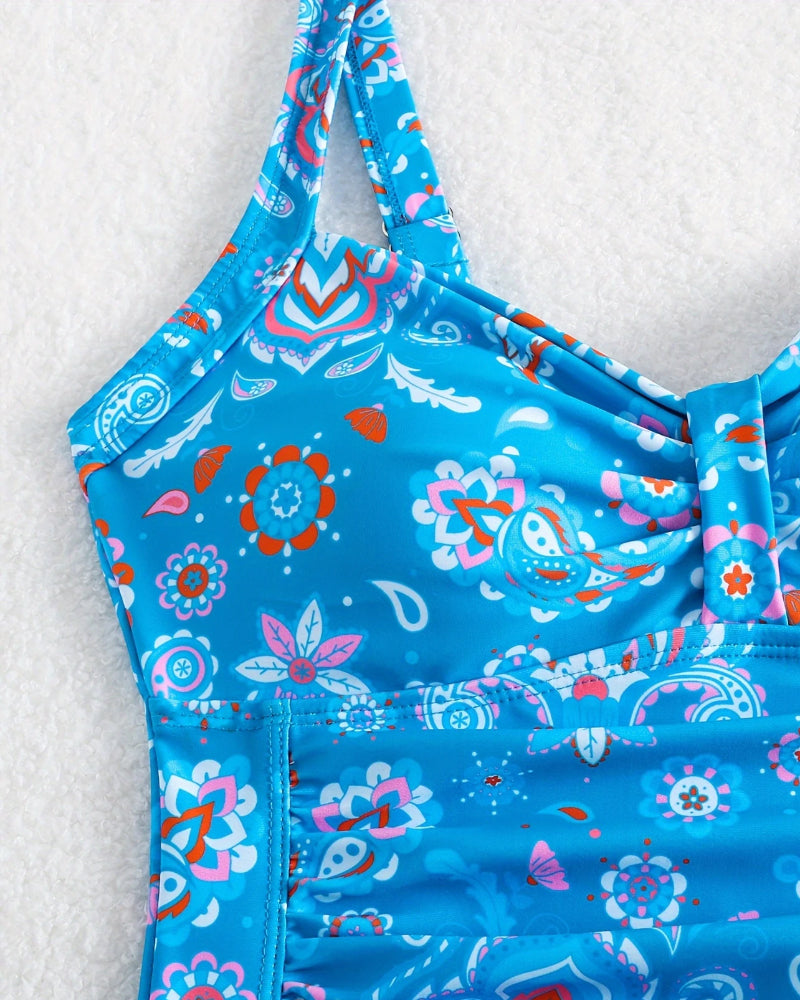Pleated Floral One-Piece Swimsuit Vest